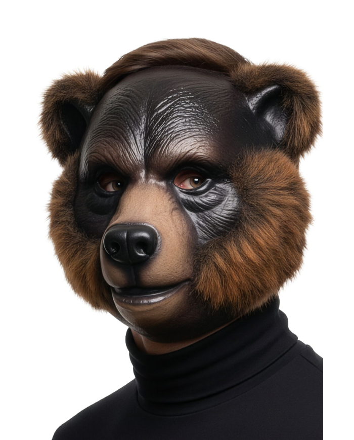 Masque d'ours brun en plastique avec fourroure, avec étiquette volante/étiequette